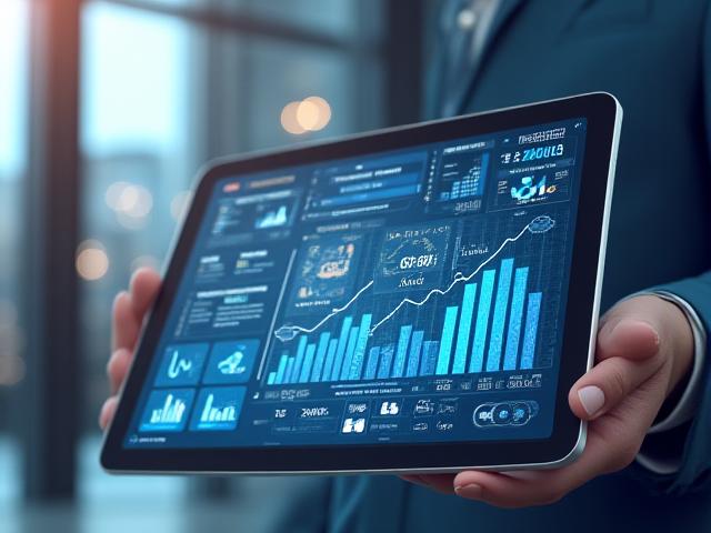 Tableau numérique affichant des graphiques de transformation digitale avec des icônes d'engrenages et de croissance pour la stratégie numérique.